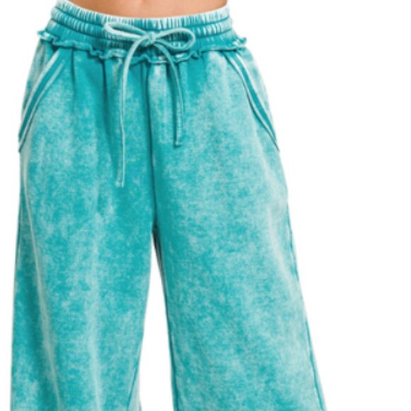 #303 ACID WASH FLEECE PALAZZO PANTS WITH POCKETS - Picture 4 of 7